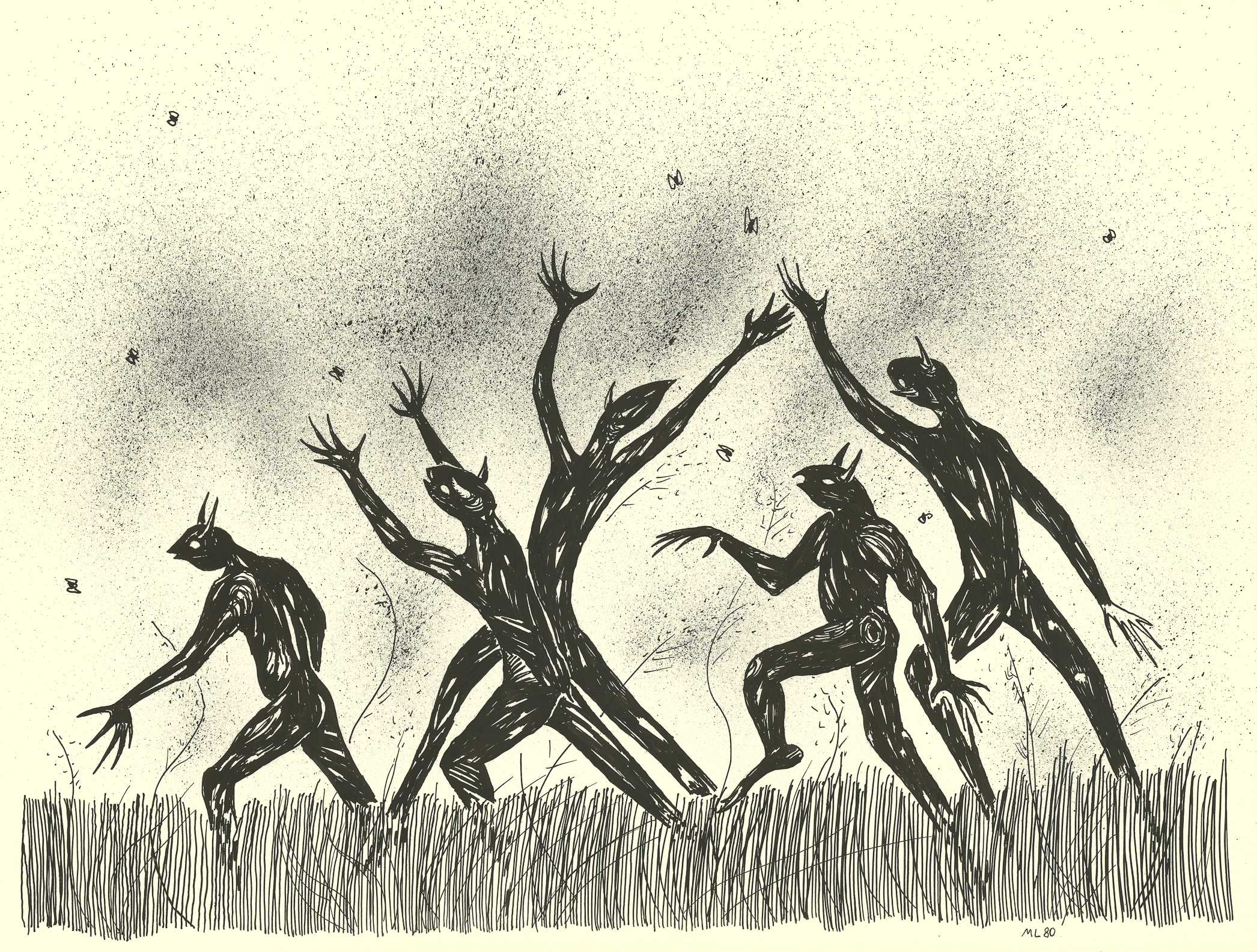 <i>Chasing Flys</i><br>Ink on paper<br>18 X 24 Inches<br>March - 1980<br>
