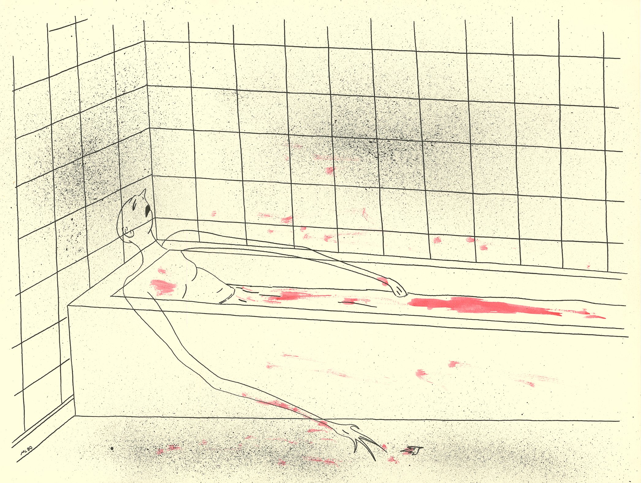 <i>Death In Pale Tones</i><br>Ink and watercolor on paper<br>18 X 24 Inches<br>June - 1980<br>